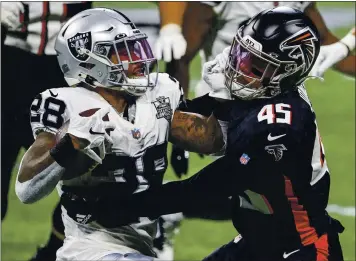  ?? DANNY KARNIK — THE ASSOCIATED PRESS ?? Josh Jacobs, crucial to the Raiders’ running game, missed Sunday’s win over the New York Jets because of an ankle injury.