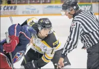  ?? SUBMITTED PHOTO ?? Dylan Coffey takes a faceoff for the Campbellto­n Tigers during a recent Maritime Hockey League junior A game. Through 30 games this season, Coffey has five goals and 15 points.