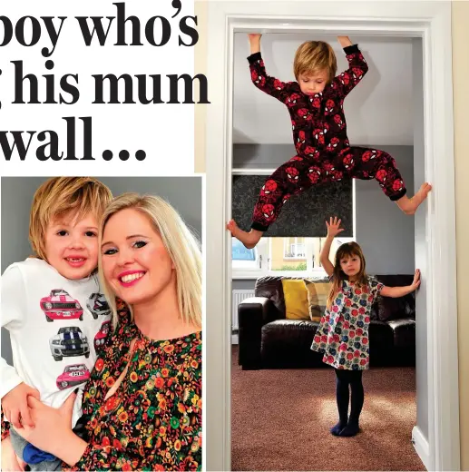  ??  ?? Constant worry: The 6-year-old with mother Sharon Fearless: Ethan, here with sister Sienna, clinging on to a door frame