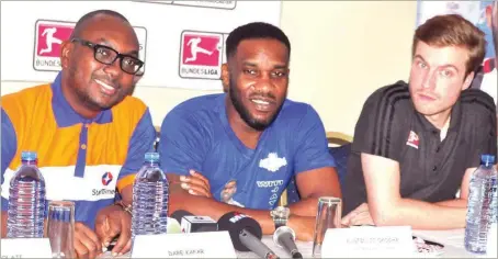  ??  ?? L-R: Marketing Director, StarTimes Nigeria, Dare Kafar; Former Super Eagles captain and Bundesliga Legend, Austin Jay Jay Okocha and DFL Manager for Internatio­nal Marketing, Tobias Ross, at an interactiv­e session with sports journalist­s in Lagos… last...