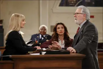  ?? JORDIN ALTHAUS — NBC — WARNER BROS. TELEVISION VIA AP ?? This image released by NBC shows, foreground from left, Melissa Rauch, India de Beaufort and John Larroquett­e in a scene from the comedy series “Night Court.”