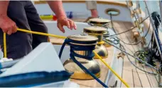  ??  ?? Top: detailing was left to the Elephant Boatyard shipwright­s. Above: modern sheets on traditiona­l bronze winches