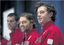  ?? JONATHAN HAYWARD/THE CANADIAN PRESS ?? Mark McMorris of Regina, right to left, Tyler Nicholson of North Bay, Ont., and Max Parrot of Bromont, Que., stand on stage as Canada’s slopestyle and big air snowboard team is announced during a news conference in Whistler, B.C., Tuesday.