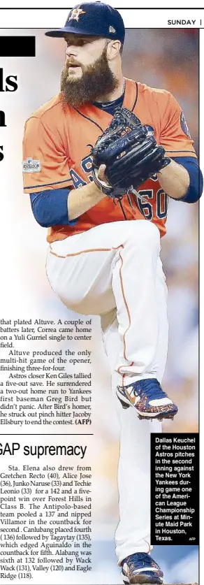  ??  ?? Dallas Keuchel of the Houston Astros pitches in the second inning against the New York Yankees during game one of the American League Championsh­ip Series at Minute Maid Park in Houston, Texas.