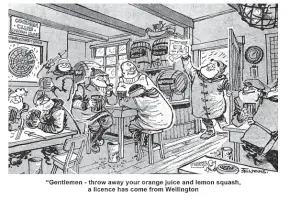  ?? ?? A 1976 cartoon by Malcolm Evans after the eventual granting of a liquor licence to the Owenga Club, which captured the islanders’ distrust of Wellington-based regulation.