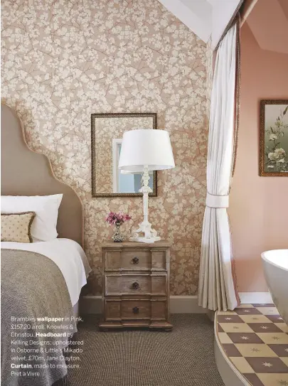  ??  ?? Brambles wallpaper in Pink, £157.20 a roll, Knowles & Christou. by Kelling Designs; upholstere­d in Osborne & Little’s Mikado velvet, £70m, Jane Clayton. Curtain, made to measure, Pret a Vivre