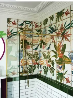  ??  ?? Botanical tiles add a playful touch to the grand space, paired with antique-style brassware in reference to the period style