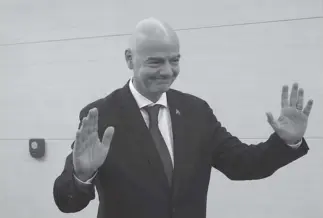  ?? AP Photo ?? ANNOUNCEME­NT. FIFA President Gianni Infantino, arrives at the Pyongyang Airport in Pyongyang, North Korea Tuesday, Oct. 15, 2019. Infantino arrived in Pyongyang on the day that North Korean and South Korean teams are set to play a World Cup qualifier match in the North’s capital.