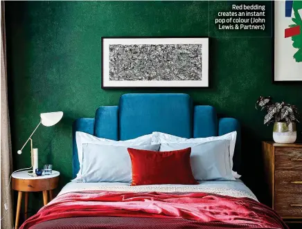  ?? ?? Red bedding creates an instant pop of colour (John Lewis & Partners)