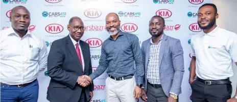  ??  ?? L-R Mohammed Iyamu, vice president, trading, Cars45; Olu Tikolo,vice president, business developmen­t, Kia Motors Nigeria; Olajide Adamolekun,chief financial officer, Car45; Olawale Jimoh, marketing manager, Kia Motors Nigeria; and John Egwu, head of operations, Carsbazr, at the Car45 and Kia Motors parley which held in Lagos