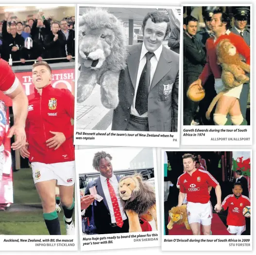  ?? INPHO/BILLY STICKLAND DAN SHERIDANN PA ALLSPORT UK/ALLSPORT STU FORSTER ?? Auckland, New Zealand, with BIL the mascot Phil Bennett ahead of the team’s tour of New Zealand when he was captain this to board the plane for Maro Itoje gets ready year’s tour with BIL Gareth Edwards during the tour of South A Africa in 1974 Brian...