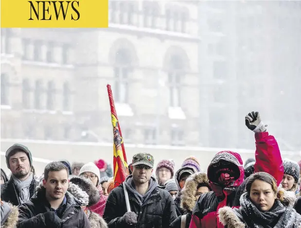  ?? CHRIS DONOVAN / THE CANADIAN PRESS ?? Protesters gather in Toronto’s Nathan Phillips Square to protest Gerald Stanley’s not guilty verdict in the death of Colten Boushie, who was shot on a farm in rural Saskatchew­an in 2016. Prominent Indigenous leaders have called for an inquiry into the...