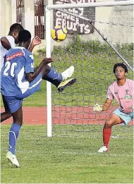  ?? FILE ?? Nodley Wright/Gleaner Writer David Mitchell (right) in goal for Cavalier during a Red Stripe Premier League match against Portmore United.