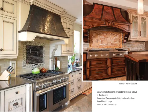  ?? Photo    Ken Brubacher ?? Showroom photograph­s at Woodland Horizon (above) in Drayton and Homestead Woodworks (left) in Hawkesvill­e show Robb Martin’s range hoods in a kitchen setting.