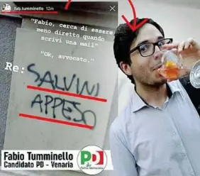  ??  ?? Fotomontag­gio
Fabio Tumminello, 28 anni, accostato al suo post contro Salvini in un collage della Lega fatto circolare su internet