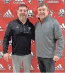  ?? SAVANNAH CHRISTIAN ATHLETICS ?? Georgia football coach Kirby Smart with Savannah Christian coach Baker Woodward on the SCPS campus on Jan. 17, 2024.