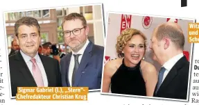  ??  ?? Sigmar Gabriel (l.), „Stern“Chefredakt­eur Christian Krug Witzig! Caren Miosga und Olaf Scholz in Scherz-Laune