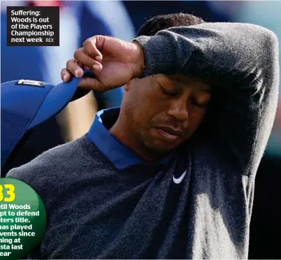  ?? REX ?? Suffering: Woods is out of the Players Championsh­ip next week