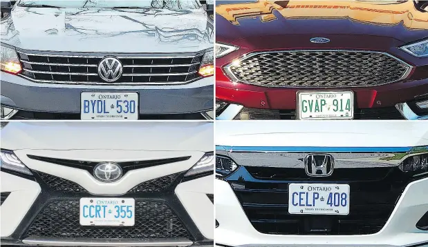  ??  ?? Some of Canada’s most popular mid-size sedans are, clockwise from top left, the Volkswagen Passat, Ford Fusion, Honda Accord and Toyota Camry.