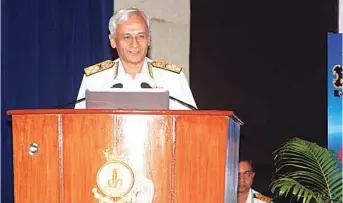  ??  ?? Indian Navy Chief Admiral Sunil Lanba delivers his inaugural address at Goa Maritime Symposium