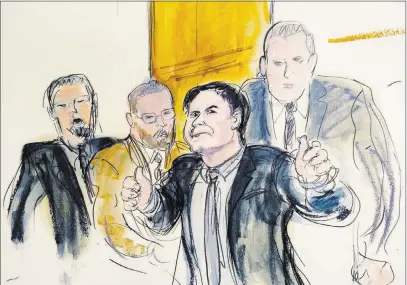  ?? Elizabeth Williams The Associated Press ?? Joaquin “El Chapo” Guzman, second from right, accompanie­d by U.S. marshals, gives a thumbs-up sign to his wife, Emma Coronel Aispuro, as he leaves the courtroom Tuesday in New York.