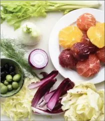  ??  ?? Ingredient­s like olives, red onion, fennel and celery add savoury notes and crunch to the citrus.