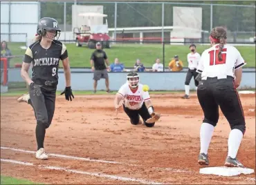  ?? Scott Herpst ?? LFO pitcher Haley Stahl tries to shovel the ball to first baseman Auna Rolfe as Rockmart’s Alexis Teems looks to beat out an infield single. LFO was leading 2-0 when the game was halted due to rain. It will be restarted from the beginning on Oct. 6.