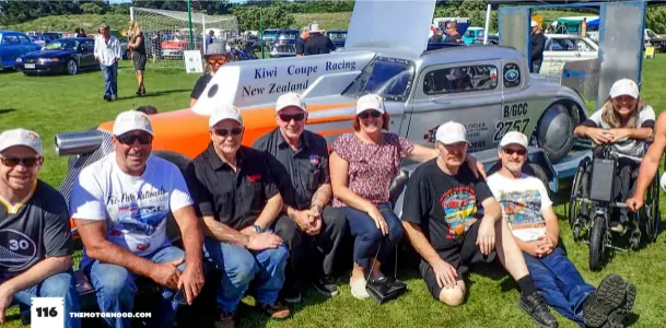  ??  ?? Below: The first ‘official’ team photo, which was taken at The Great USA Day. From left: San Francisco–based member Mitchell McKay, Gerard Perkins, Steve McConnachi­e, Wayne Arthur, Jane and Owen Jones, Chris and Jenni Barnes, Geoff Omnet (absent: Anthony Jones, Carol Perkins, Juanita Arthur). Mitchell will be collecting The Kiwi Coupe when it arrives in the port at Oakland in San Francisco and will store it in his business yard in Concord. It is so beneficial to have a US base, especially for deliveries like the four new Goodyear Land Speed tyres that were purchased from Shelby in Las Vegas. Mitchell is also loaning one of his vehicles as a tow vehicle to get to Wendover, which is on the border of Nevada and Utah, where it will do double duty as the push truck at the nearby Bonneville Salt Flats