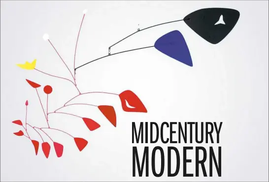  ??  ?? Clockwise from above: “The Red Ear” from 1957 by Alexander Calder, “In the evening evangelist­s preach and sing on street corners” from 1943 by Jacob Lawrence and “Lake George by Early Moonrise” from 1930 by Georgia O’Keeffe.