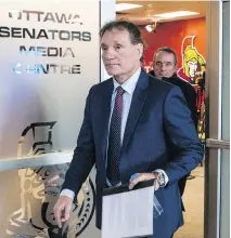  ?? ERROL MCGIHON ?? Former Ottawa Senators president Cyril Leeder leaves after speaking with the media on Thursday.