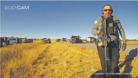  ?? IMAGE FROM VIDEO ?? Body camera footage shows Santa Fe County sheriff’s Deputy Patrick Ficke on Nov. 26 after a pursuit involving suspects in the robbery of a Santa Fe Starbucks. During the pursuit, Ficke said a passenger in the vehicle fired shots at him and he returned fire. Sheriff Adan Mendoza confirmed this week Ficke was involved in the chase and shooting.