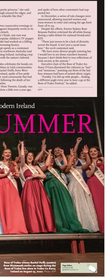  ?? Photo: AFP ?? Rose of Tralee winner Rachel Duffy (center) from Westmeath smiles on stage during the Rose of Tralee live show in Tralee Co Kerry, Ireland on August 23, 2022.