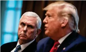  ?? Photograph: Drew Angerer/Getty Images ?? Mike Pence looks on as Donald Trump leads a meeting with the White House coronaviru­s taskforce at the White House on 2 March 2020.