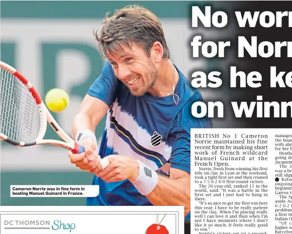  ?? ?? Cameron Norrie was in fine form in beating Manuel Guinard in France.