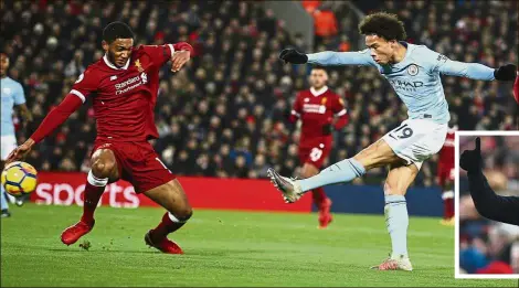  ?? — AP ?? Hotshot: Manchester City’s Leroy Sane firing home against Liverpool in the English Premier League match at Anfield on Sunday. Liverpool won 4-3. Inset: City boss Pep Guardiola turned 47 on Thursday.