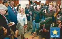  ?? AFP ?? US Sen. Wendy Davis is surrounded by reporters after the Democrats defeated the anti-abortion bill SB5, which was up for a vote on the last day of the legislativ­e special session in Austin, Texas Tuesday.