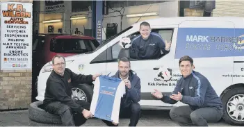  ??  ?? Keith Wilson, left, shows off one of the new sponsored shirts with Mark Barber, back, Denny Ingram and Tony Hackworth Picture by Richard Ponter 154120