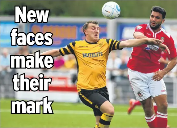  ?? FM4489188 ?? Stones forward Alex Flisher battles the Wrexham defence in last weekend’s 2-2 draw at the Gallagher