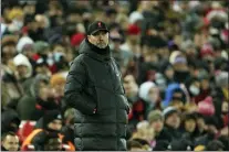  ?? JON SUPER — THE ASSOCIATED PRESS ?? Liverpool’s manager Jurgen Klopp during last Wednesday’s English League Cup quarterfin­al match between Liverpool and Leicester City.