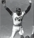  ?? AP FILE PHOTO ?? On July 3, 1980, Willie McCovey raises his hands to salute the cheering crowd after he was replaced in his last home appearance before retirement.