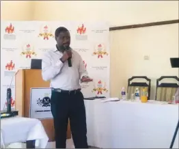  ?? ?? Zimura deputy director Henry Makombe addressing artistes and stakeholde­rs at a copyrights workshop in Gwanda