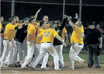  ?? COREY LEBLANC/SPECIAL TO POSTMEDIA NEWS ?? The Fort Erie Cannons will move on to play the Merritton Alliance in the Niagara District Baseball Associatio­n finals after Pat Giampaolo (No. 93) hit a three-run homerun to walk-off the Welland Chiefs on Wednesday night and secure a 10-9 win in the...