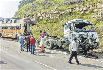  ?? PTI ?? The sleeper bus, carrying 120 passengers in a 40-seater, was heading towards UP’s Gorakhpur from Hyderabad, when it rammed into a truck in Madhya Pradesh’s Rewa district.