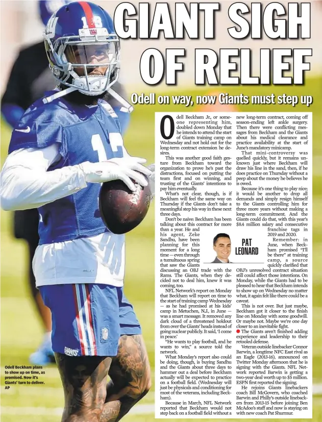  ??  ?? Odell Beckham plans to show up on time, as promised. Now it’s Giants’ turn to deliver. AP