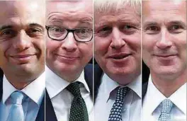  ?? Foto: AFP ?? Die Zahl der Bewerber hat sich mittlerwei­le auf vier reduziert (von l. nach r.): Sajid Javid, Michael Gove, Boris Johnson, Jeremy Hunt.