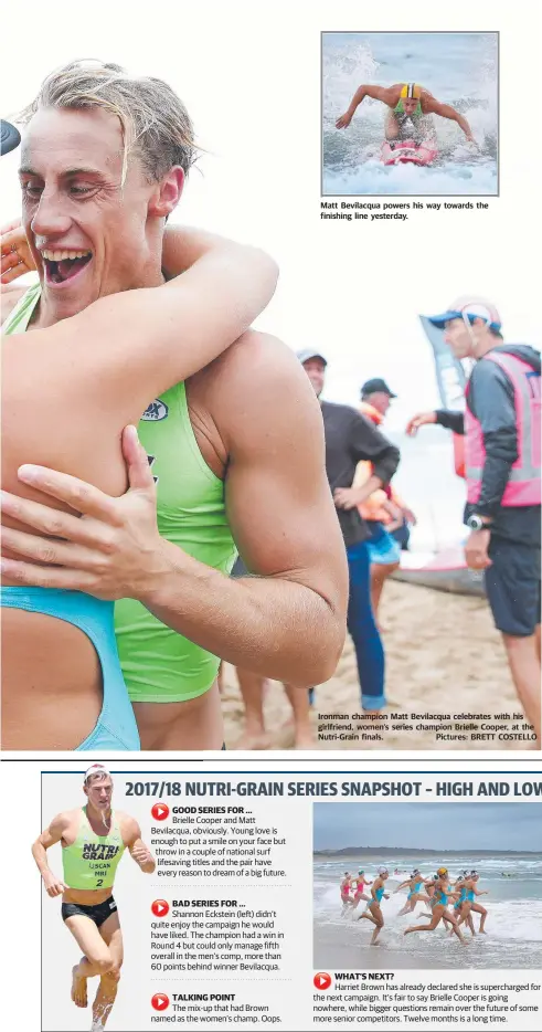  ??  ?? Matt Bevilacqua powers his way towards the finishing line yesterday. Ironman champion Matt Bevilacqua celebrates with his girlfriend, women’s series champion Brielle Cooper, at the Nutri-Grain finals. Pictures: BRETT COSTELLO