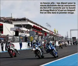  ??  ??  heures pile : top départ pour la meute déchaînée des  concurrent­s du Bol d’Or conduite par la Suzuki de Gregg Black (n°) qui va s’engouffrer en tête dans le premier virage.