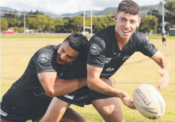  ??  ?? Mudgeeraba Redbacks A-Grade players Kyle Williams (with ball) and Jesse Malcolm-Dinsdale at Firth Park. Picture: Glenn Hampson