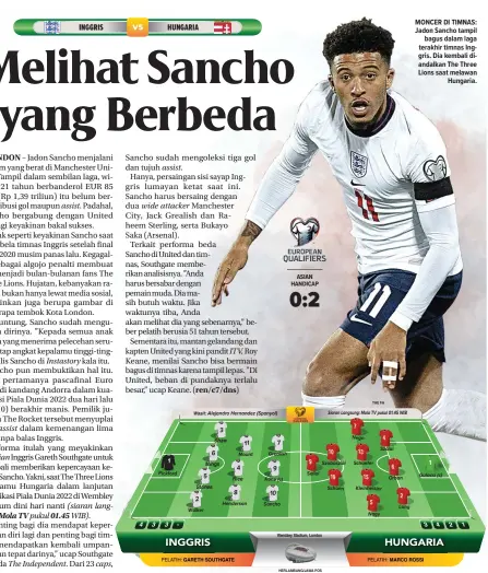  ?? ?? MONCER DI TIMNAS: Jadon Sancho tampil bagus dalam laga terakhir timnas Inggris. Dia kembali diandalkan The Three Lions saat melawan Hungaria.