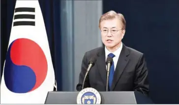  ?? JUNG YEON-JE/AFP ?? South Korea’s President Moon Jae-in speaks during a press conference at the presidenti­al Blue House in Seoul on May 10.